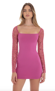 Sequin Long Sleeve Dress in Magenta