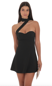 Scarf Wrap Fit and Flare Dress in Black