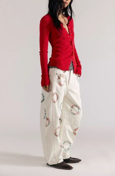Good Luck Floral Print Barrel Jeans Free People Wreath