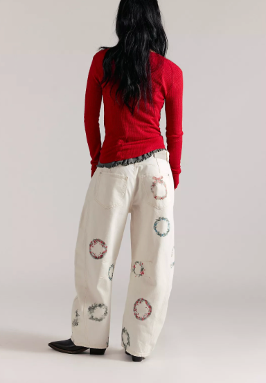 Good Luck Floral Print Barrel Jeans Free People Wreath