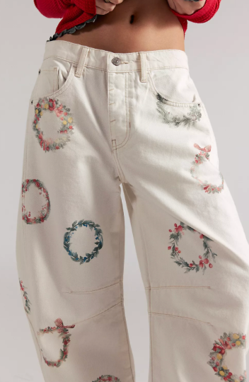 Good Luck Floral Print Barrel Jeans Free People Wreath