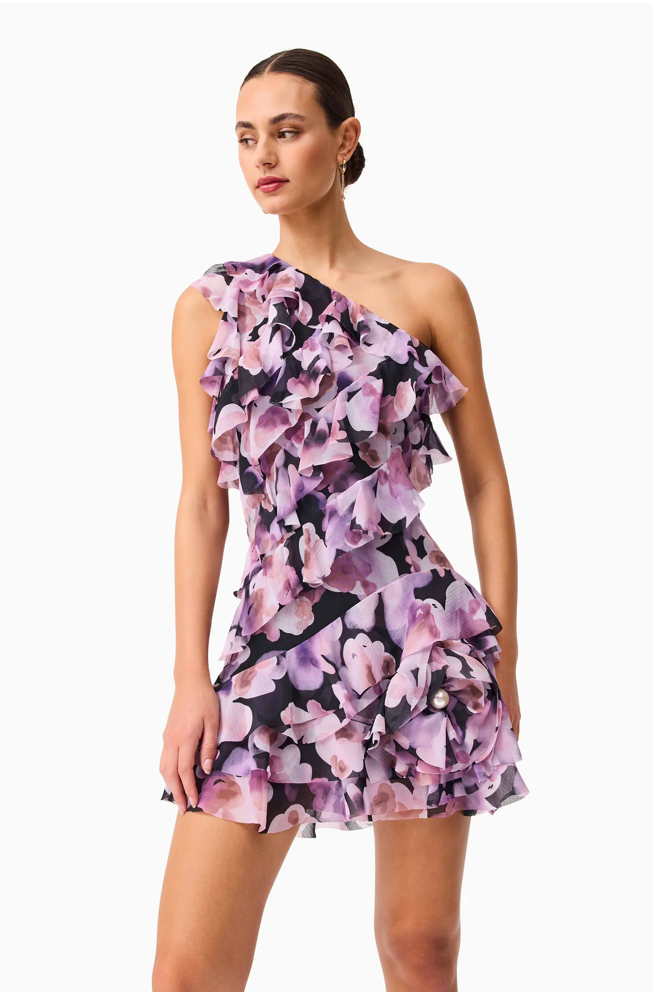 Solene One Shoulder Mini Dress in Purple Floral | Pearl Flower Trim S / Purple Solene One Shoulder Mini Dress in Purple Floral | Pearl Flower Trim S / Purple