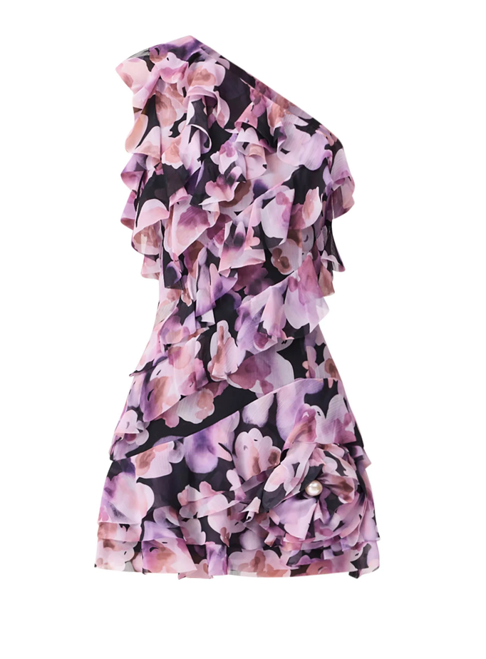 Solene One Shoulder Mini Dress in Purple Floral | Pearl Flower Trim S / Purple Solene One Shoulder Mini Dress in Purple Floral | Pearl Flower Trim S / Purple