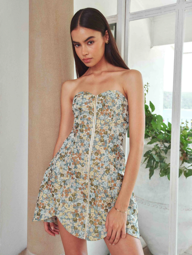 Tasmin Strapless Mini Dress in Blue & Yellow Floral by Elliatt