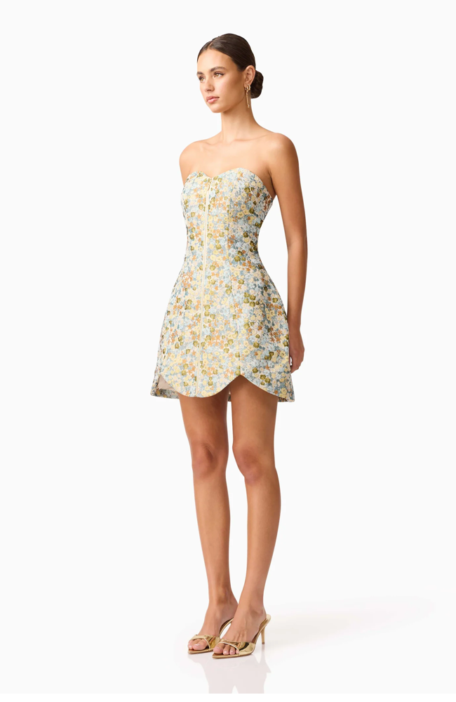 Tasmin Strapless Mini Dress in Blue & Yellow Floral by Elliatt