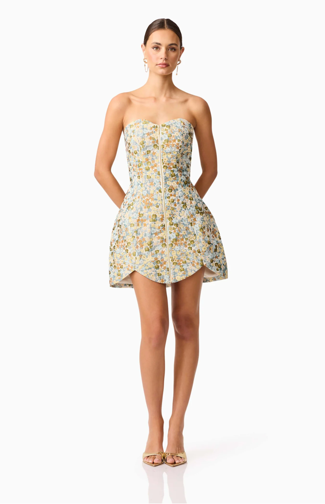 Tasmin Strapless Mini Dress in Blue & Yellow Floral by Elliatt