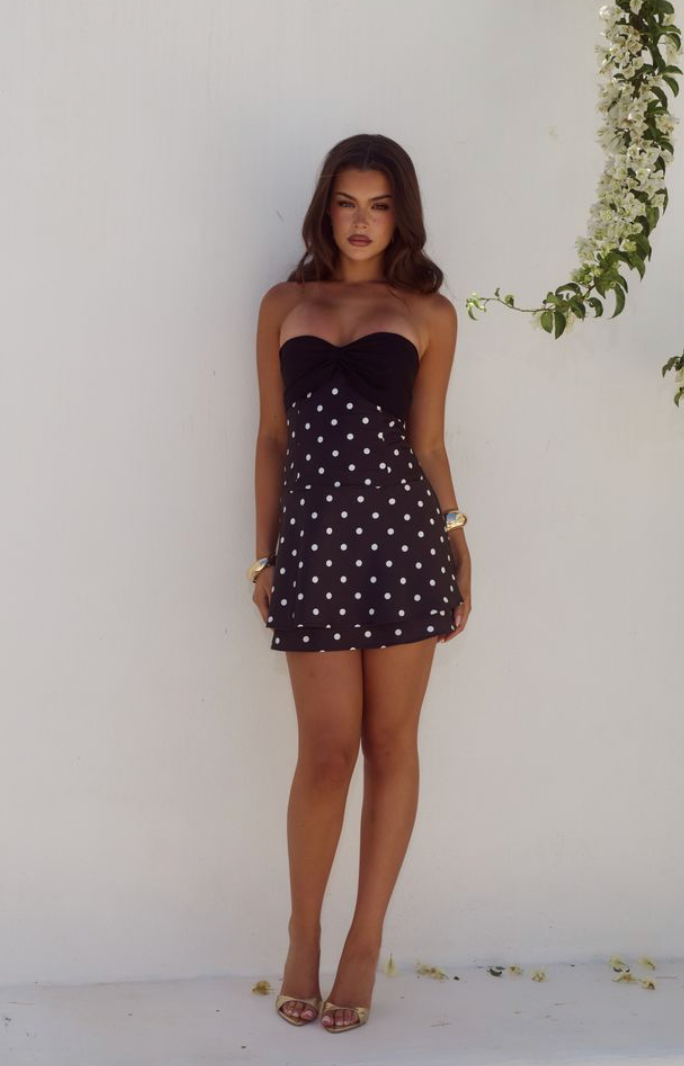 KADIE OFF SHOULDER MINI DRESS - BLACK/WHITE POLKA