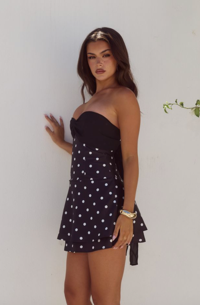 KADIE OFF SHOULDER MINI DRESS - BLACK/WHITE POLKA
