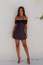 KADIE OFF SHOULDER MINI DRESS - BLACK/WHITE POLKA