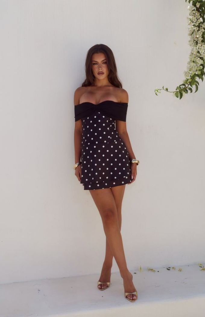 KADIE OFF SHOULDER MINI DRESS - BLACK/WHITE POLKA