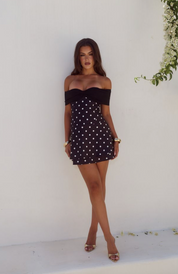 KADIE OFF SHOULDER MINI DRESS - BLACK/WHITE POLKA