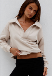 LAURETTE OVERSIZED POLO SWEATER - BISCUIT