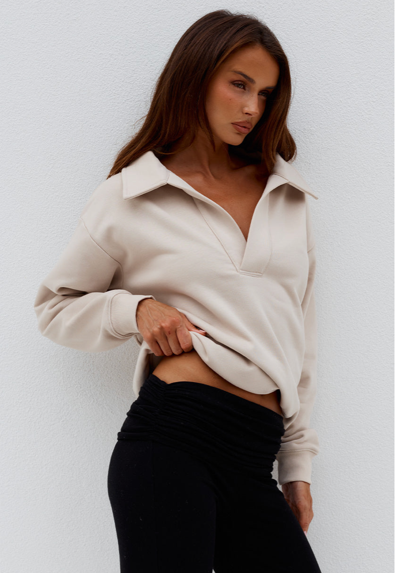 LAURETTE OVERSIZED POLO SWEATER - BISCUIT