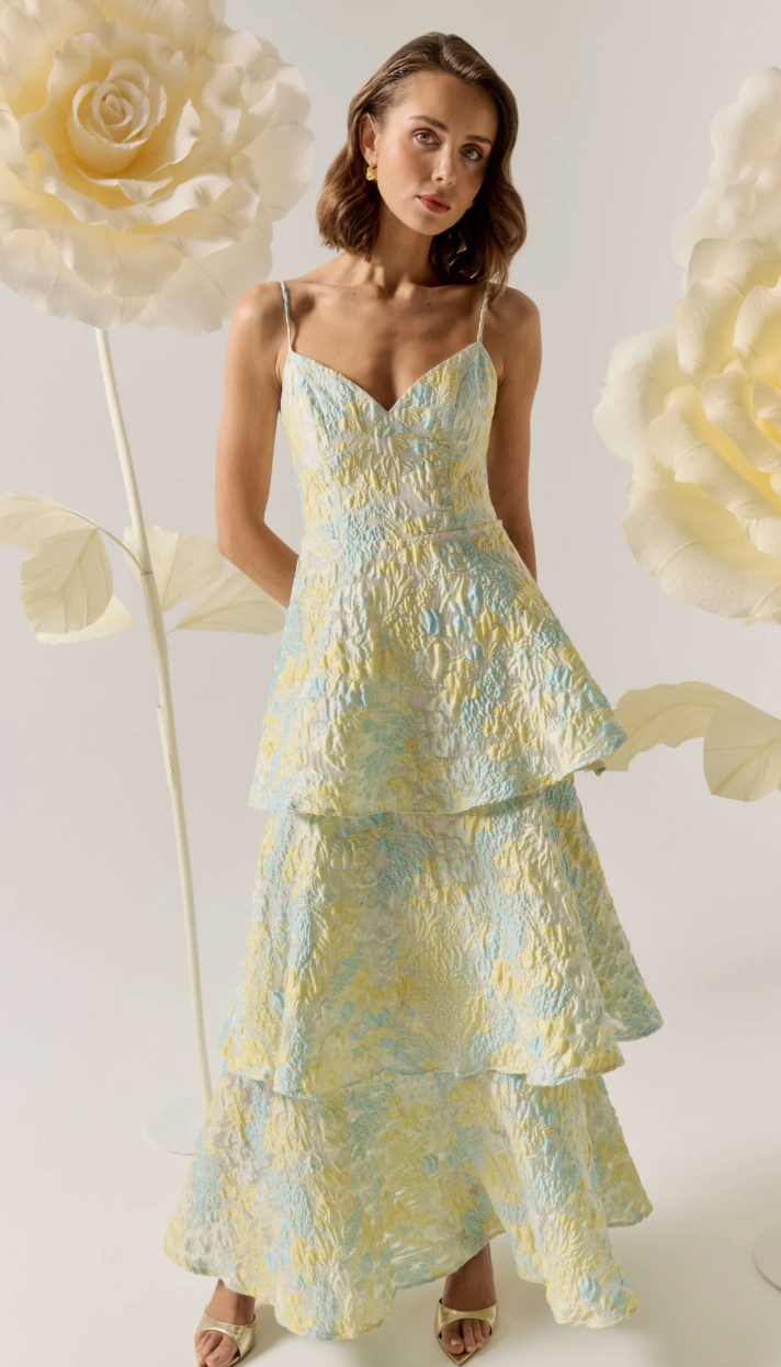 Penelope Tiered Gown in Yellow & Blue Floral