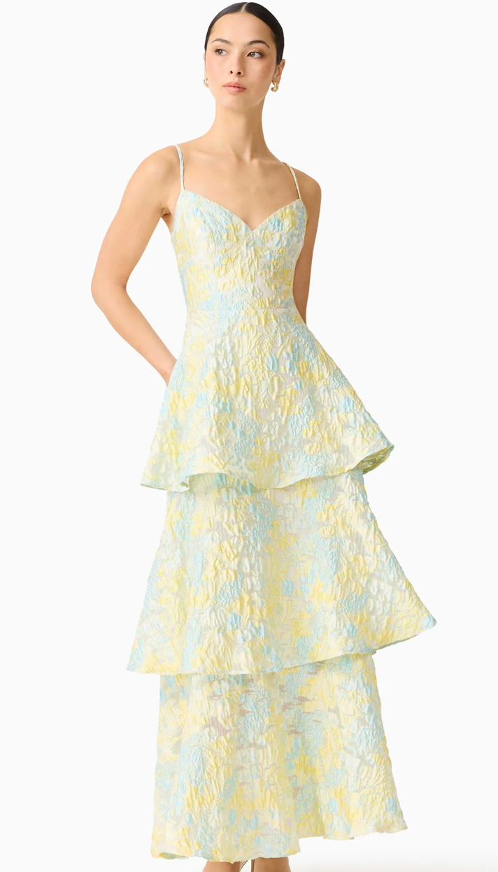 Penelope Tiered Gown in Yellow & Blue Floral