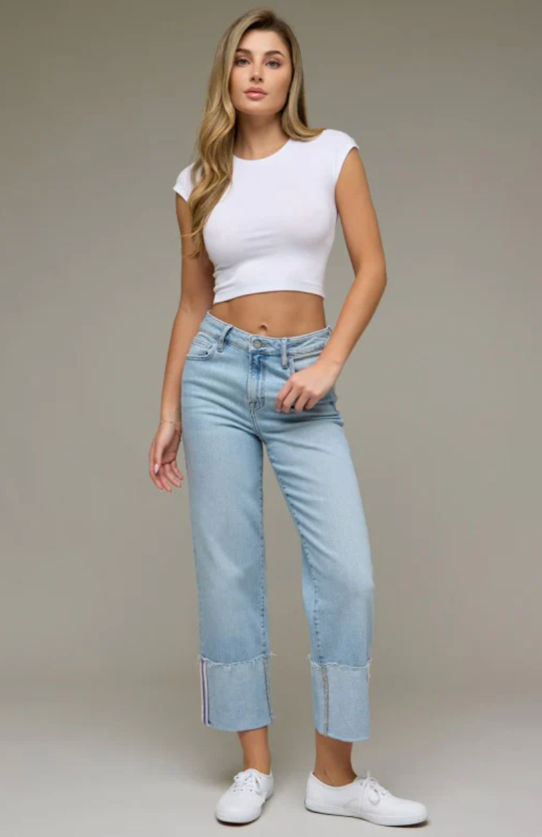 Ella Cropped Pink Tape Cuffed Classic Straight