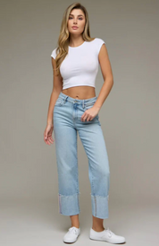 Ella Cropped Pink Tape Cuffed Classic Straight