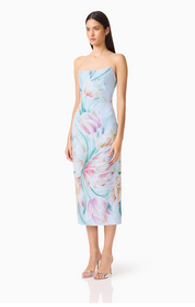 Priselle Strapless Midi Dress in Blue Floral by Elliatt