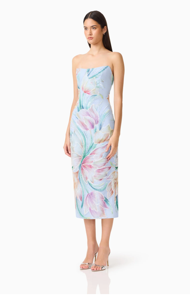 Priselle Strapless Midi Dress in Blue Floral by Elliatt