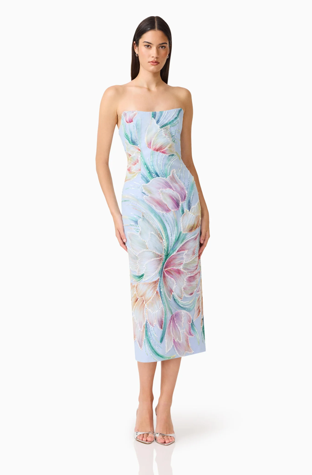 Priselle Strapless Midi Dress in Blue Floral by Elliatt