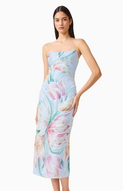 Priselle Strapless Midi Dress in Blue Floral by Elliatt