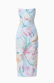 Priselle Strapless Midi Dress in Blue Floral by Elliatt
