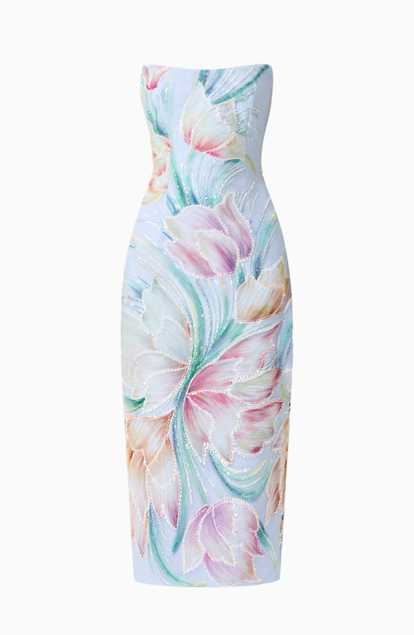 Priselle Strapless Midi Dress in Blue Floral by Elliatt