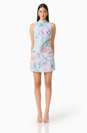 Priselle High Neck Mini Dress in Blue Floral