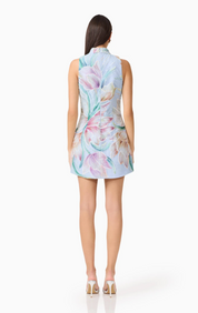 Priselle High Neck Mini Dress in Blue Floral