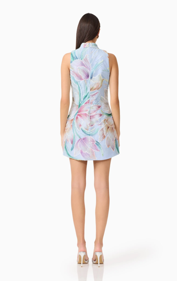 Priselle High Neck Mini Dress in Blue Floral