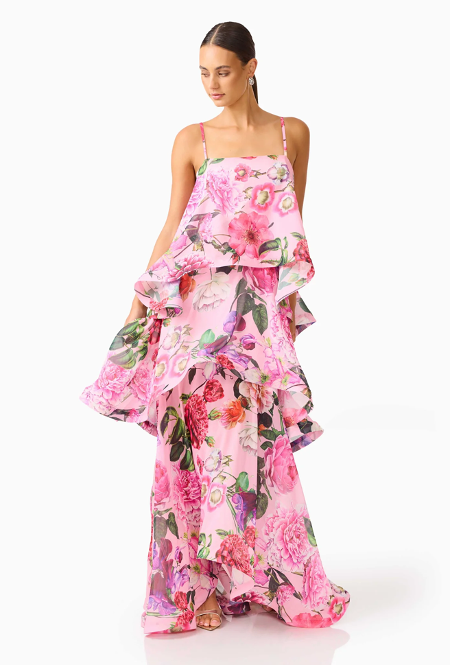 Armani Tiered Maxi Dress in Pink Floral