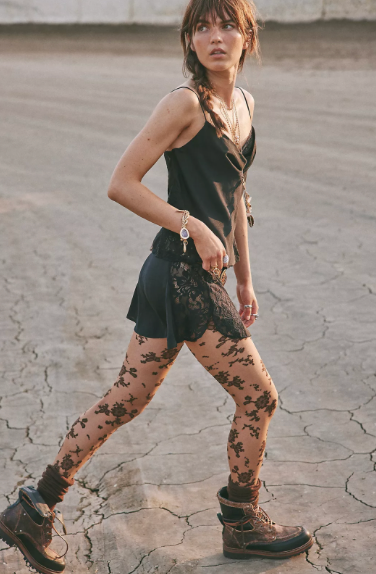 Flocked Floral Tights | Black Combo | Free People