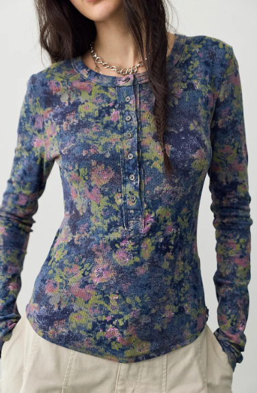 Jamie Printed Henley | Floral Haze-Navy | Free People