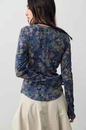 Jamie Printed Henley | Floral Haze-Navy | Free People
