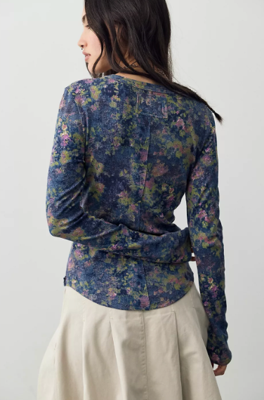 Jamie Printed Henley | Floral Haze-Navy | Free People