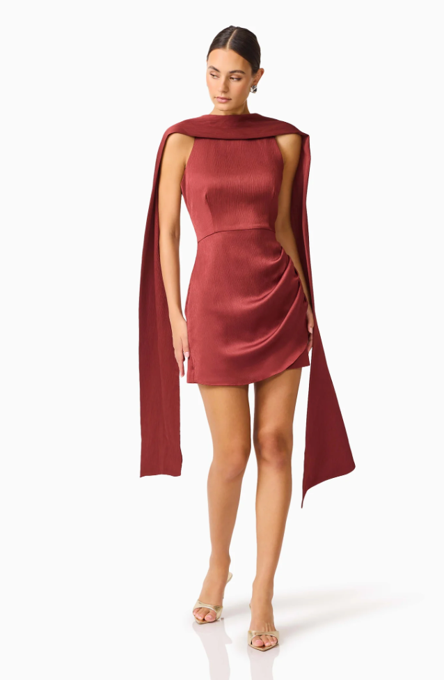 Calista Neck Scarf Mini Dress in Burgundy by Elliatt