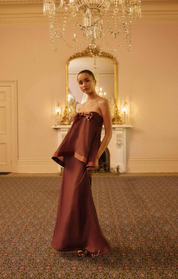 Rosera Satin Bow Maxi Dress in Chocolate Brown by Elliatt