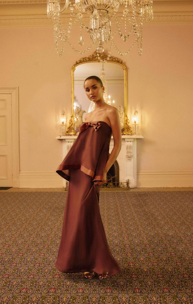 Rosera Satin Bow Maxi Dress in Chocolate Brown by Elliatt