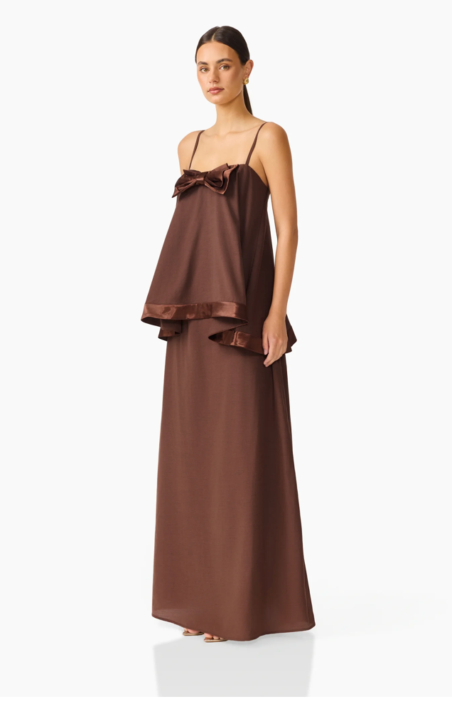 Rosera Satin Bow Maxi Dress in Chocolate Brown by Elliatt