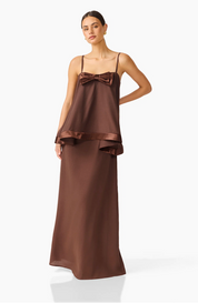 Rosera Satin Bow Maxi Dress in Chocolate Brown by Elliatt