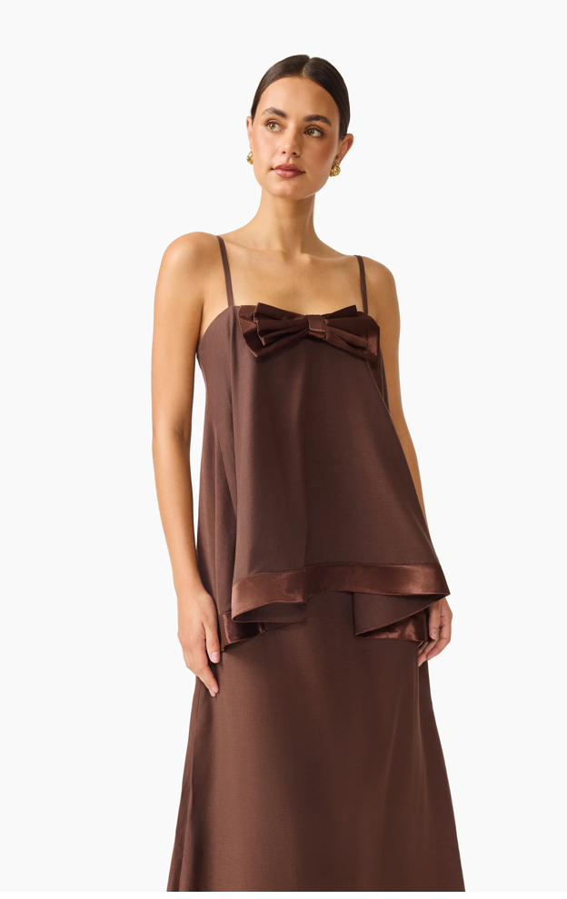 Rosera Satin Bow Maxi Dress in Chocolate Brown by Elliatt