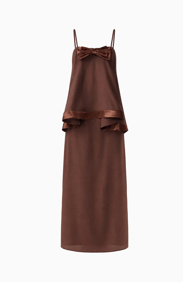 Rosera Satin Bow Maxi Dress in Chocolate Brown by Elliatt