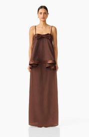 Rosera Satin Bow Maxi Dress in Chocolate Brown by Elliatt