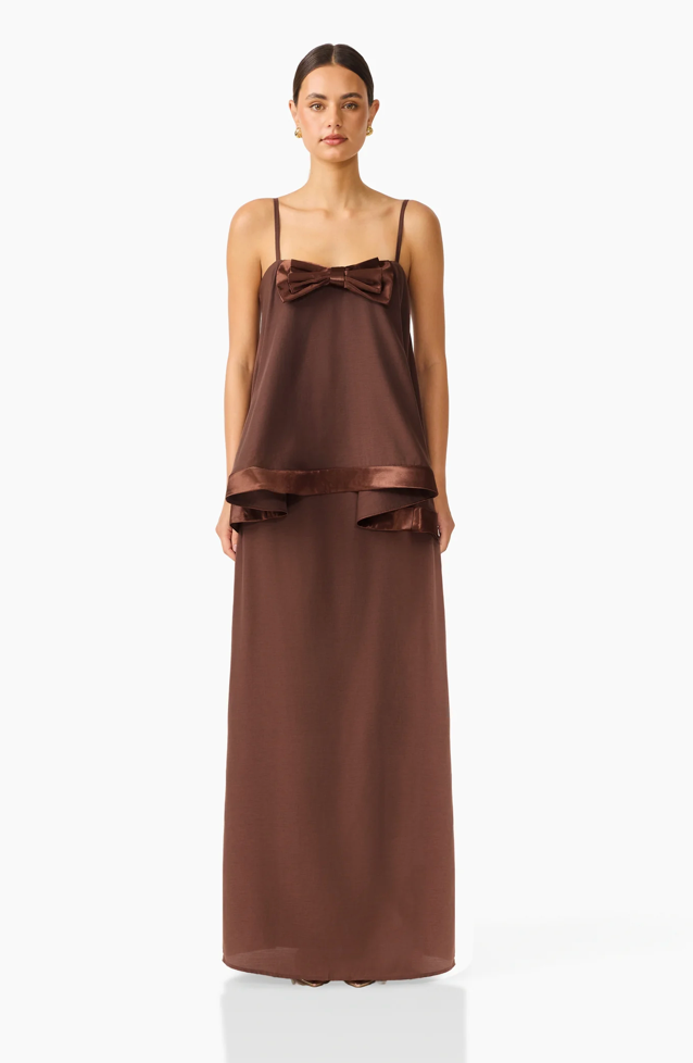 Rosera Satin Bow Maxi Dress in Chocolate Brown by Elliatt