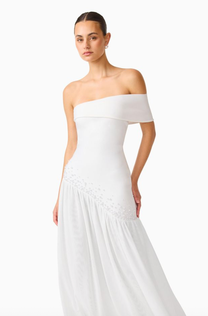 Natasia Off Shoulder Gown in White By Elliatt