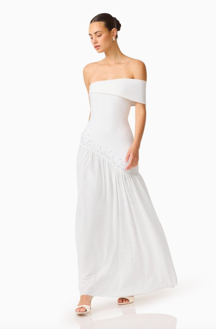 Natasia Off Shoulder Gown in White By Elliatt