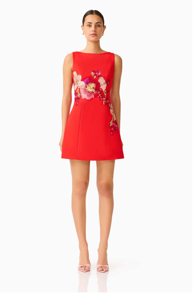 Fleurisca Embroidered A-Line Mini Dress | Scarlet Red | Elliatt