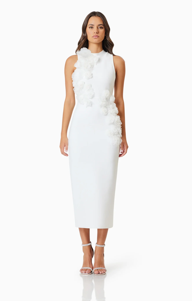 Whitetail 3D Floral Midi Dress In White