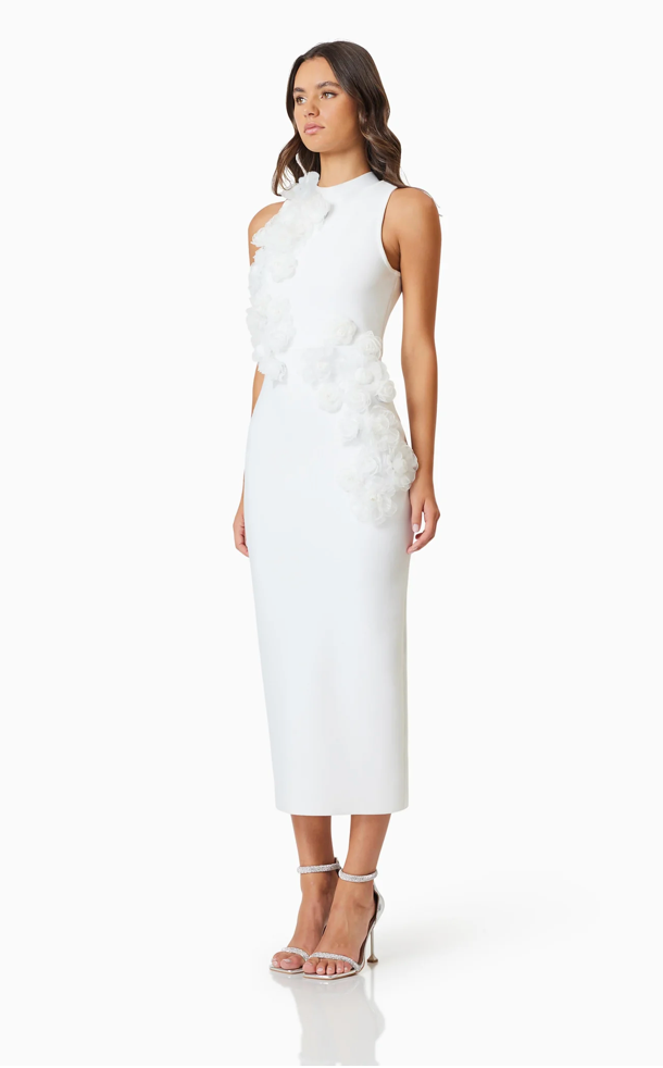 Whitetail 3D Floral Midi Dress In White