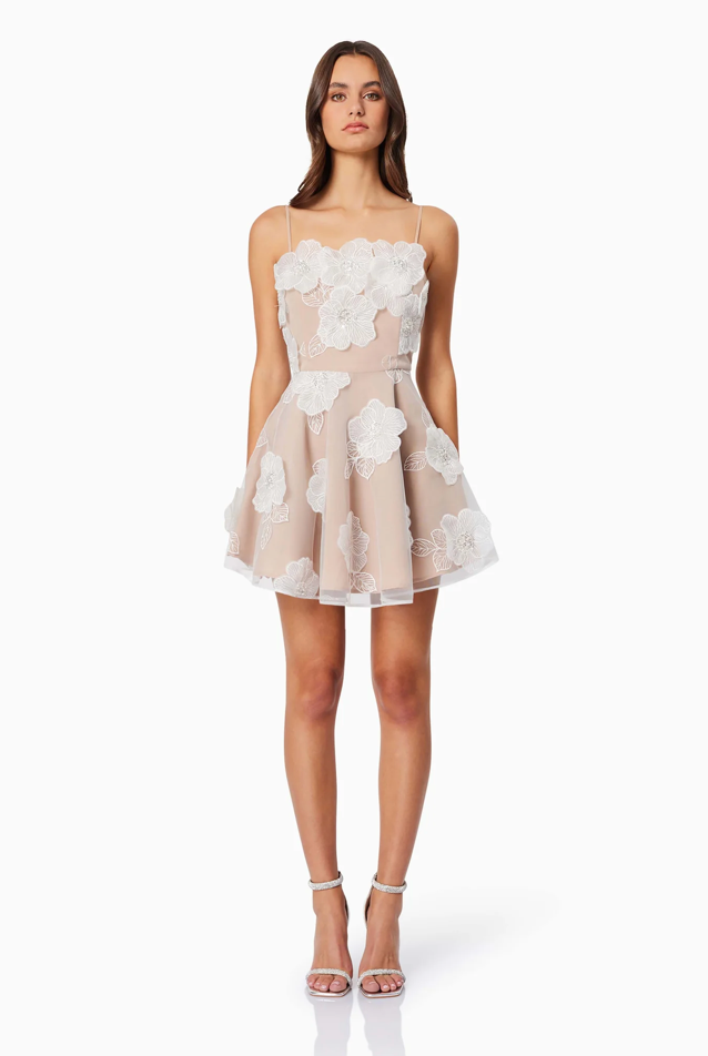 Dahlia 3D Floral Mini Dress in White by Elliatt